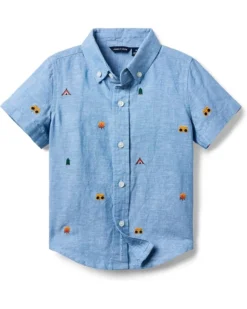Janie and Jack Boys Embroidered Linen Top (Toddler/Little Kid/Big Kid) | Shirts & Tops